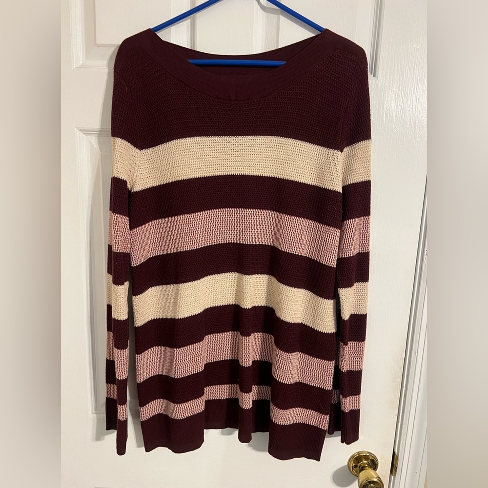 Striped Crewneck Sweater in Wine, Cream & Blush Pink